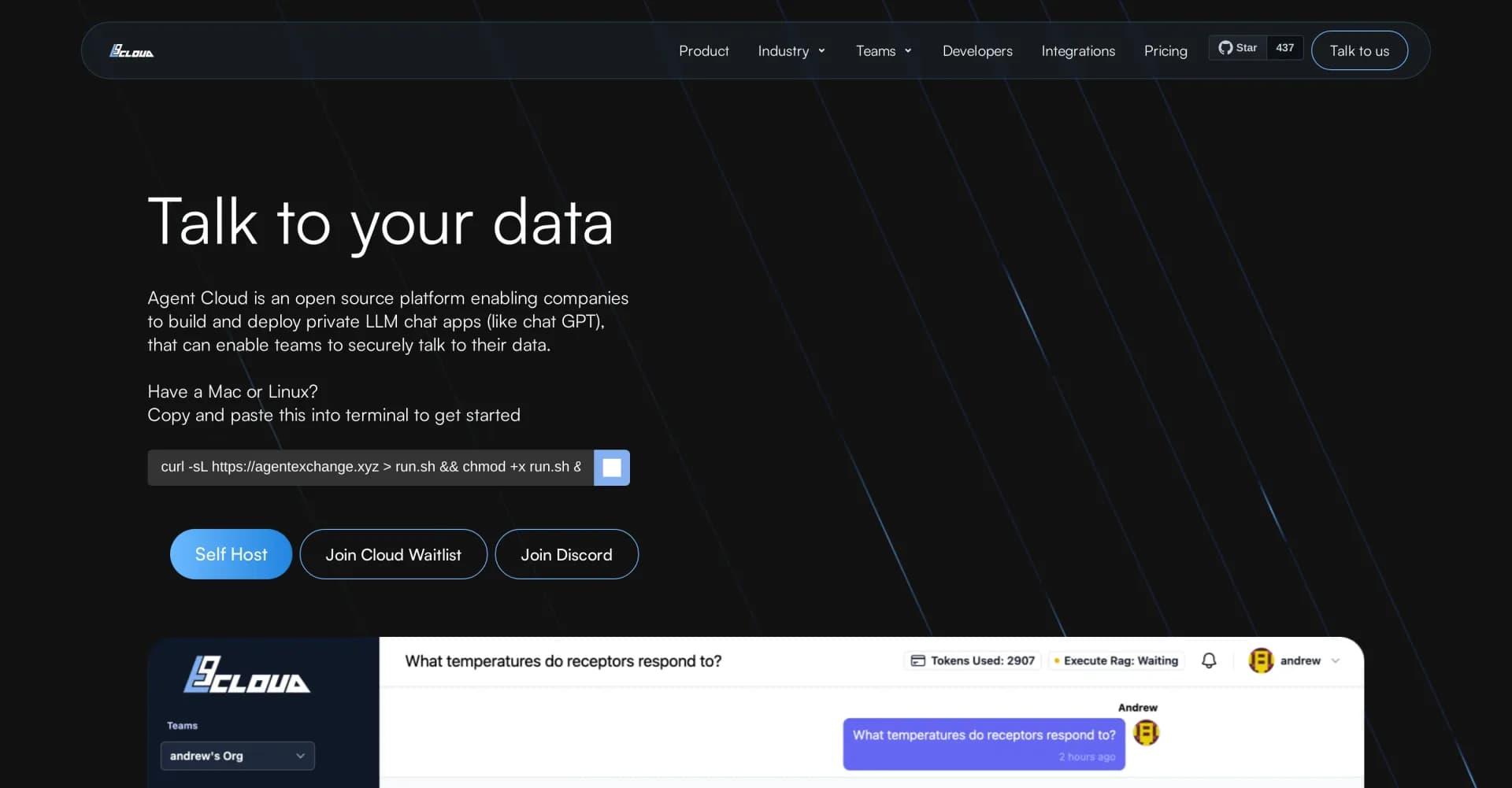 Agent Cloud homepage screenshot — Enabling companies to build and deploy secure Chat apps to t