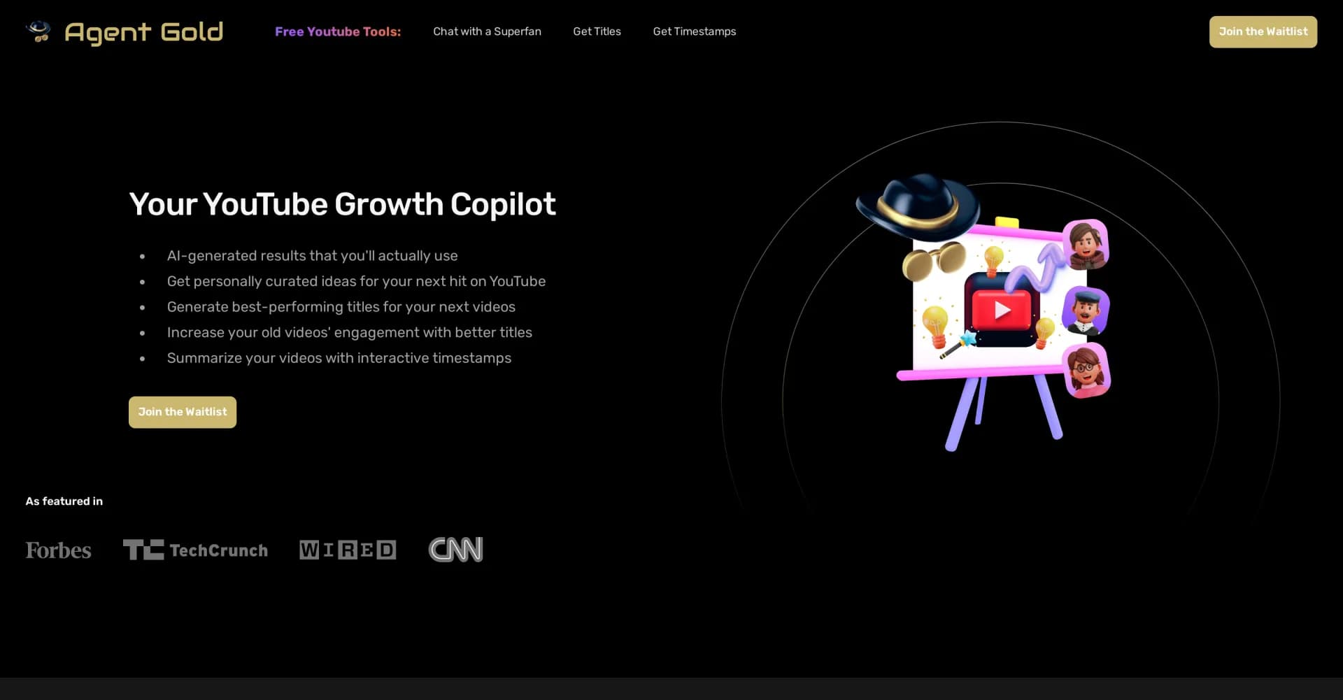 Agent Gold homepage screenshot — AI-powered YouTube growth copilot for creators
