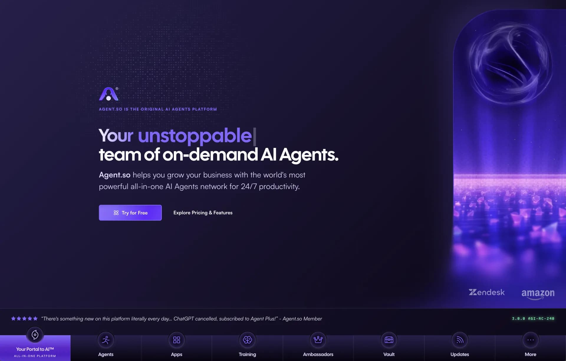 Agent.so homepage screenshot — Your Portal to AI™