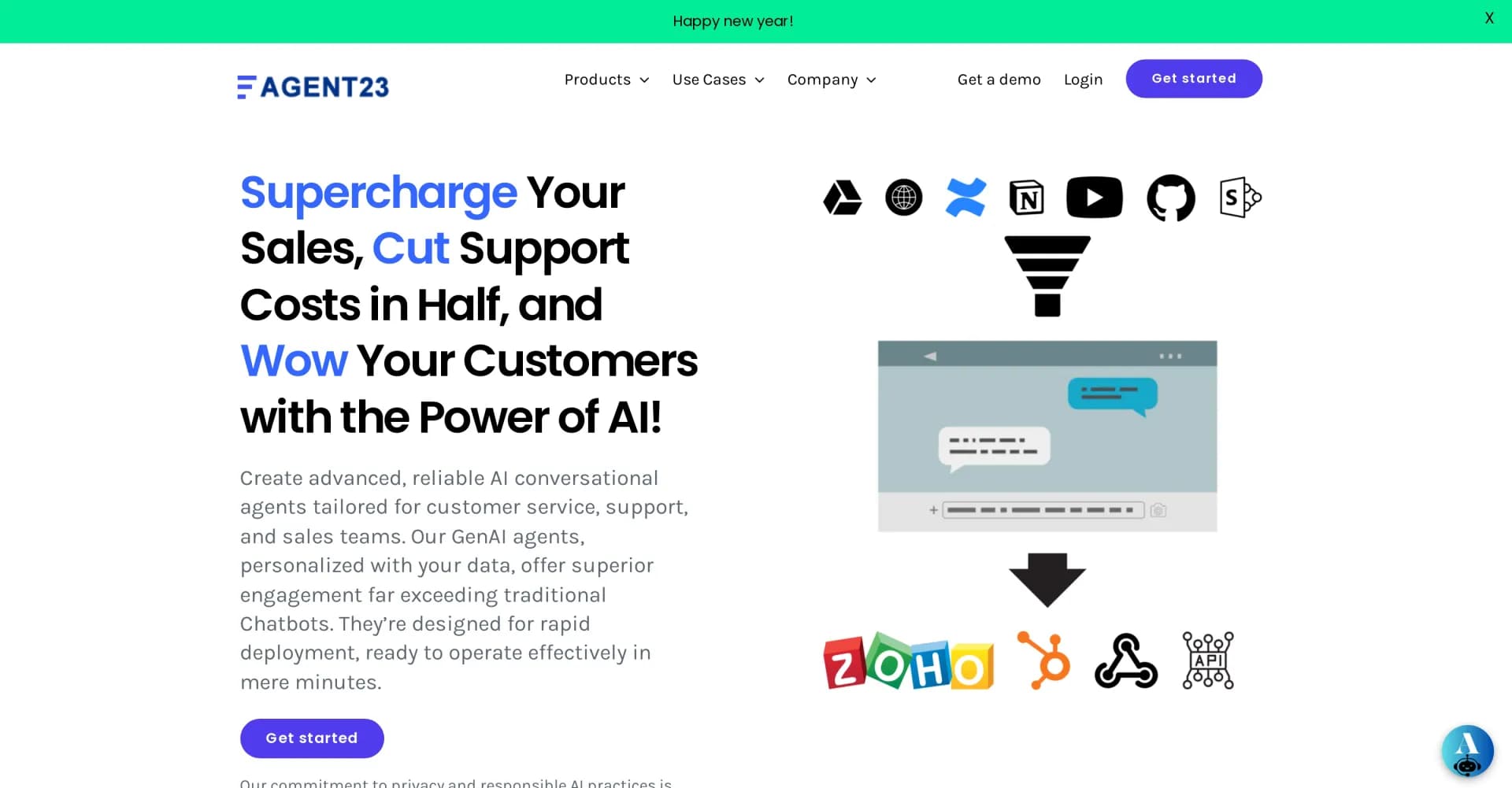 Agent23 homepage screenshot — Supercharge sales and support with AI agents.