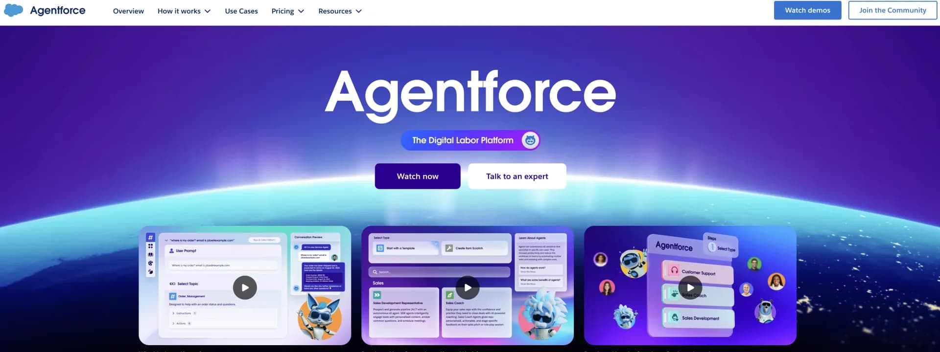 Agentforce homepage screenshot — Build AI agents to support employees and customers 24/7.