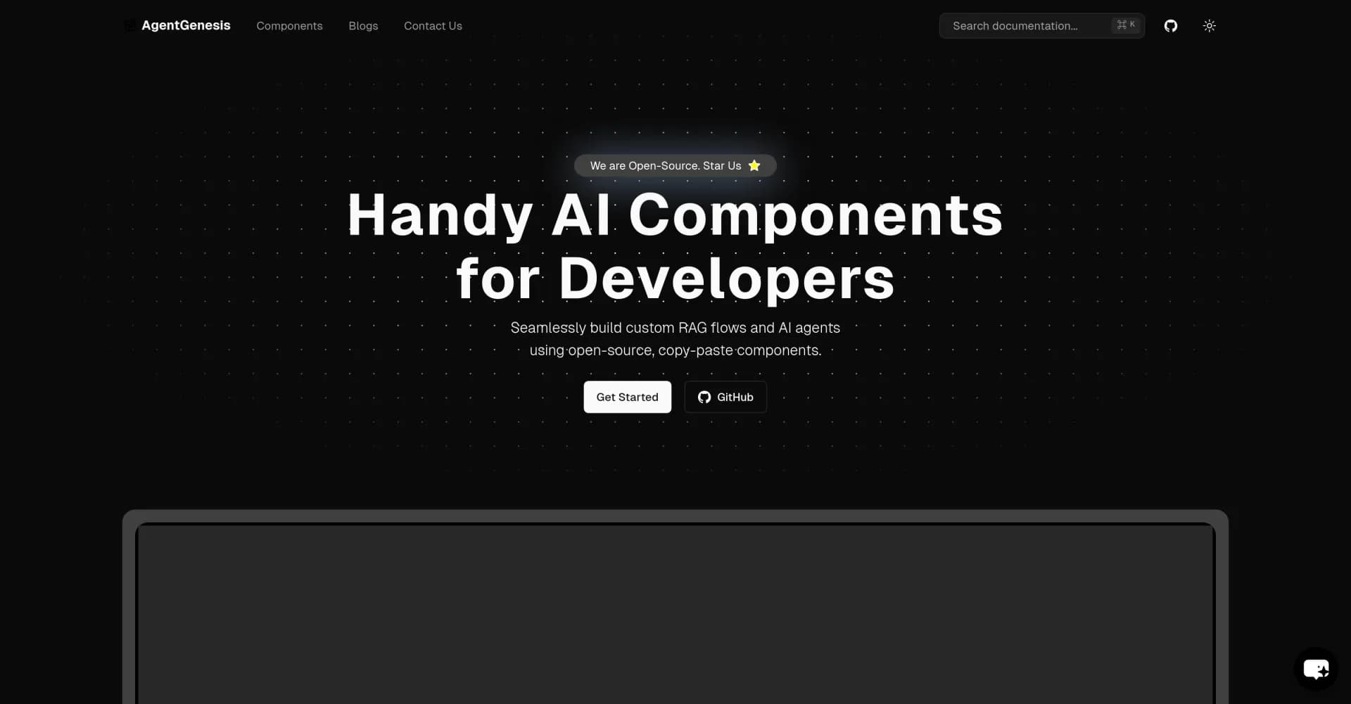 AgentGenesis homepage screenshot — AI components for seamless RAG flows and agents.