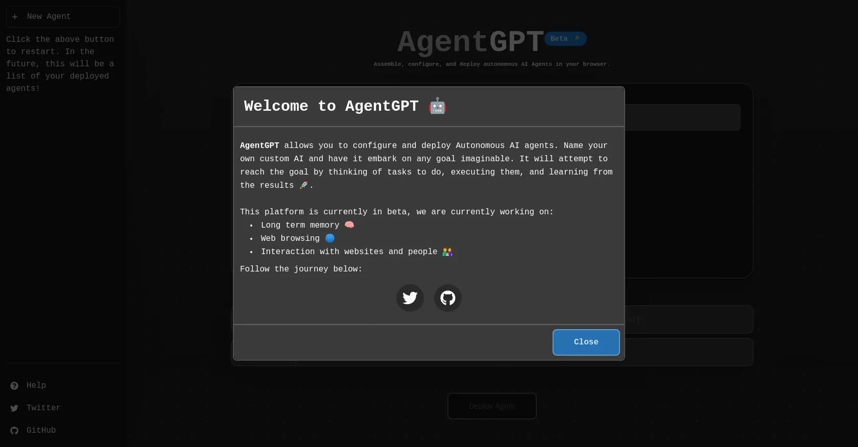 Agentgpt homepage screenshot — Deploy autonomous AI Agents effortlessly in your browser.