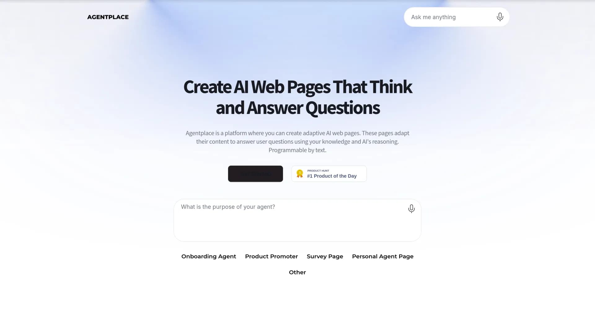 Agentplace homepage screenshot — Build AI-powered websites without code.