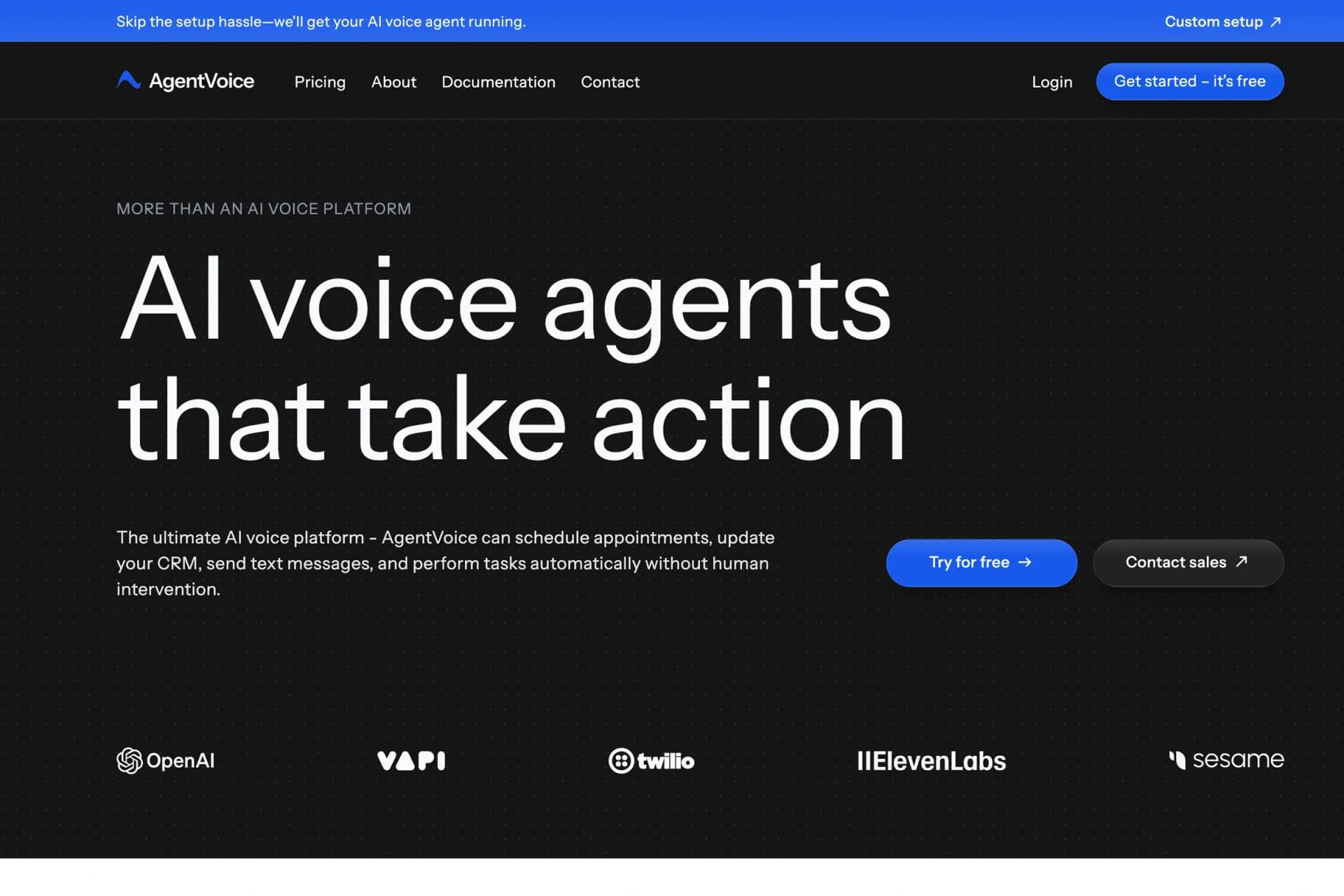 AgentVoicev2.0 homepage screenshot — Smarter voice AI that takes action