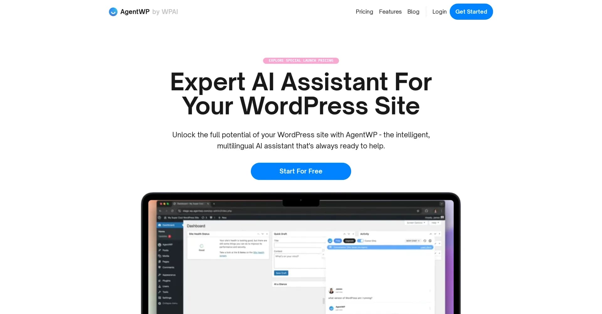AgentWP homepage screenshot — AI assistant to unlock your WordPress site's potential