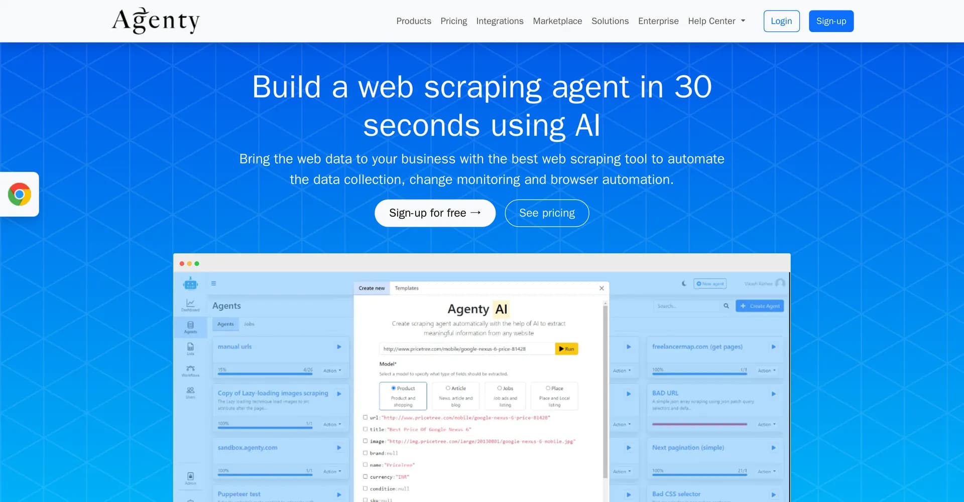 Agenty homepage screenshot — AI-powered web scraping in 30 seconds