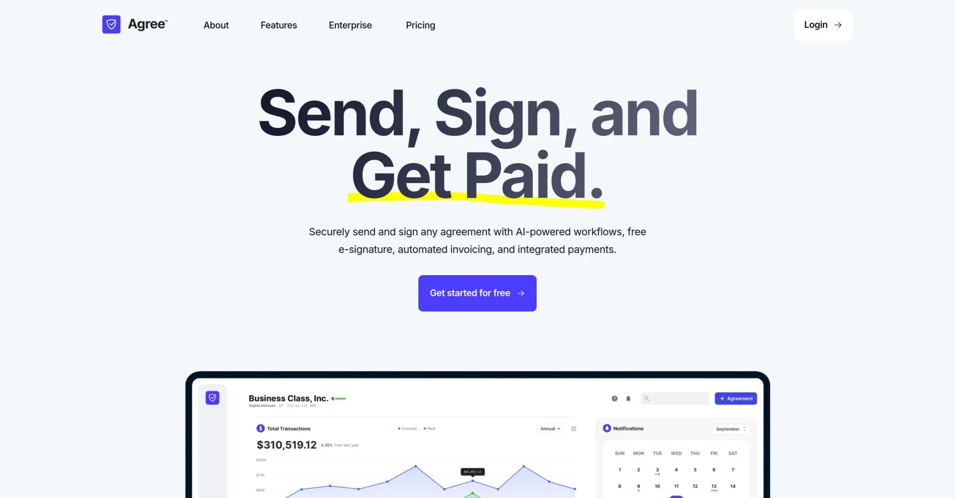 Agree.com homepage screenshot — Streamline agreements with AI-powered workflows and e-signat