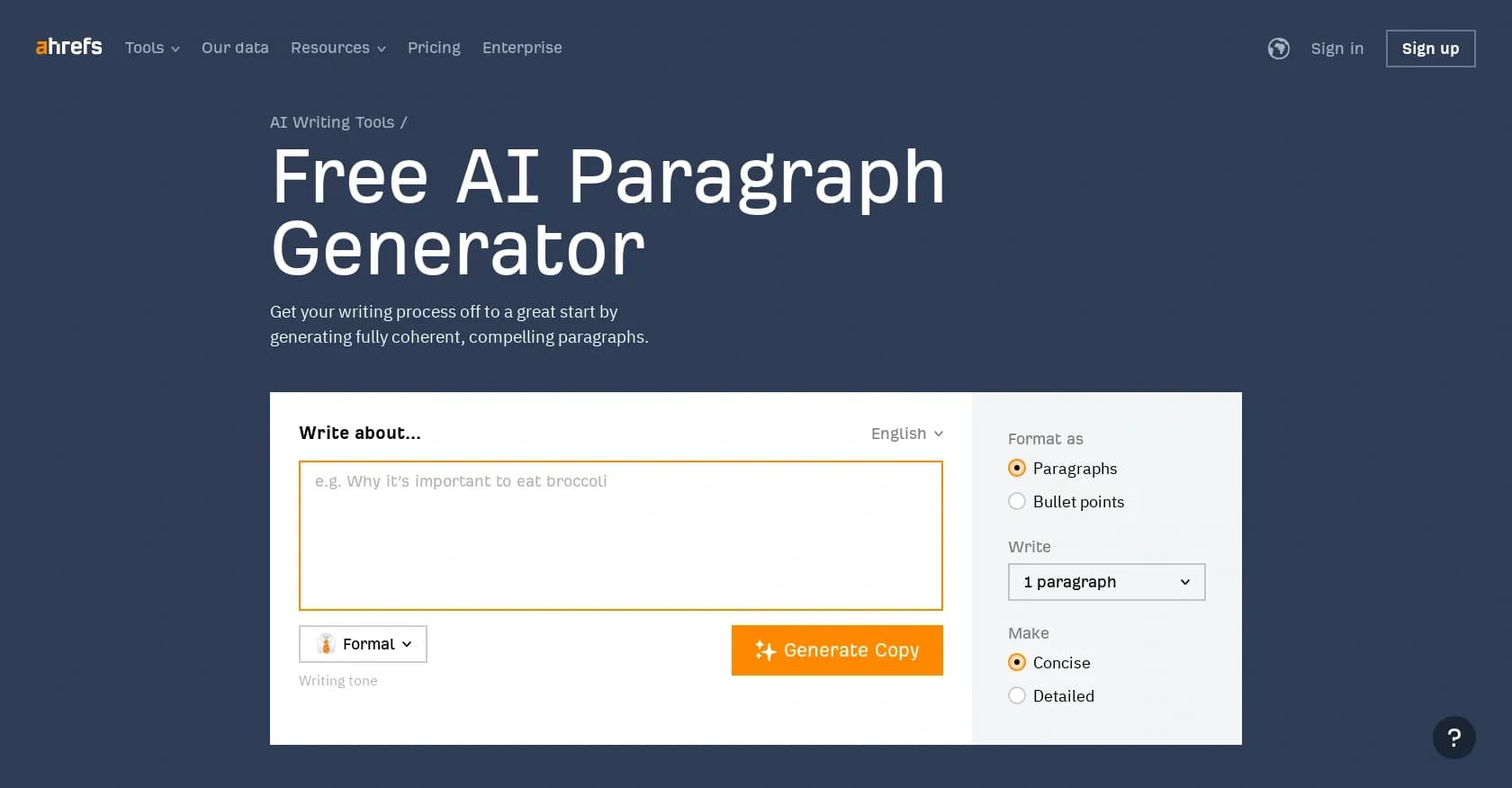 Ahrefs Paragraph Generator homepage screenshot — Generate compelling paragraphs instantly