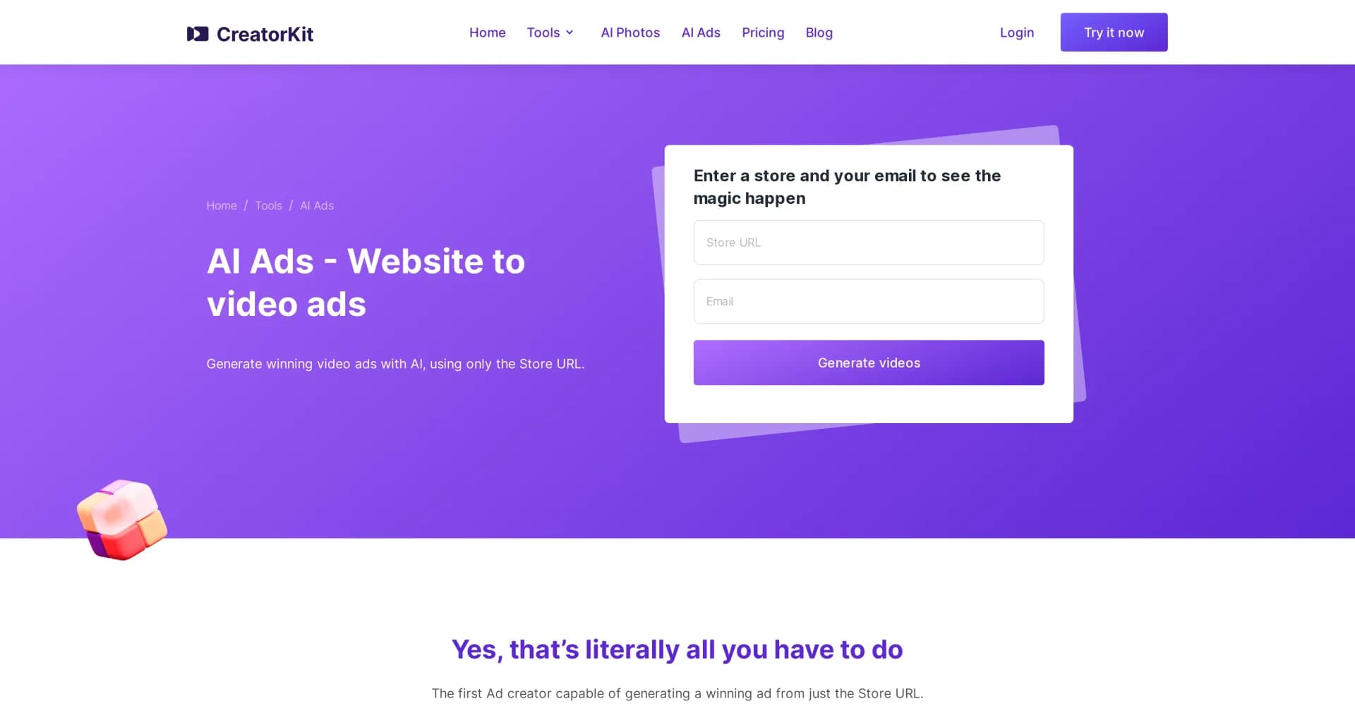 AI Ads homepage screenshot — Generate winning video ads from just a store URL