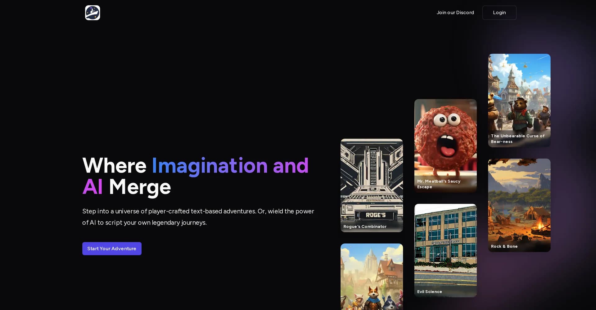 AI-Adventure homepage screenshot — Craft AI-powered interactive adventures