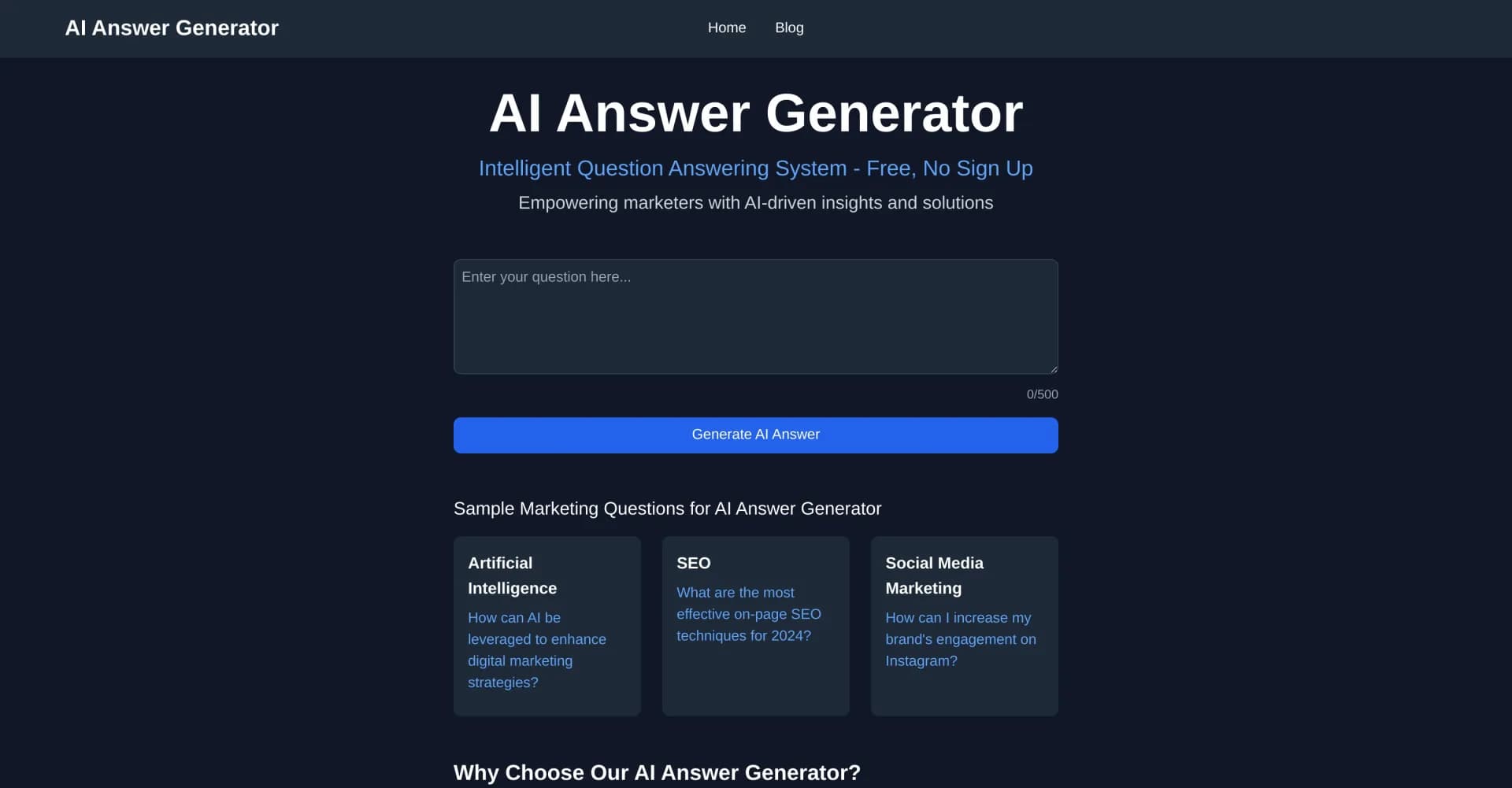 AI Answer Pro homepage screenshot — Get instant AI answers for digital marketing questions