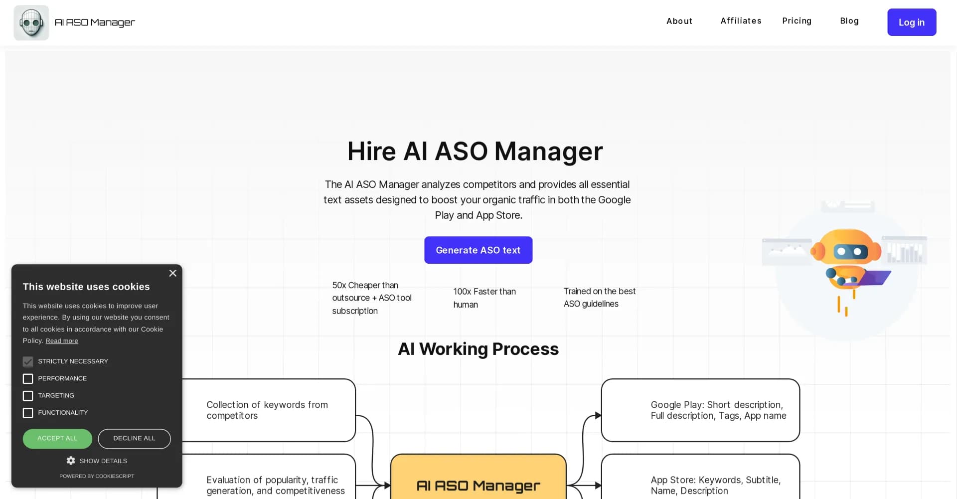 AI ASO Manager homepage screenshot — AI-powered App Store Optimization for increased organic traf