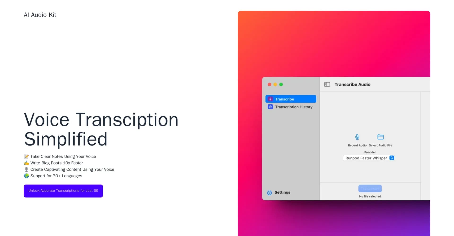 AI Audio Kit homepage screenshot — Voice transcription simplified for macOS.