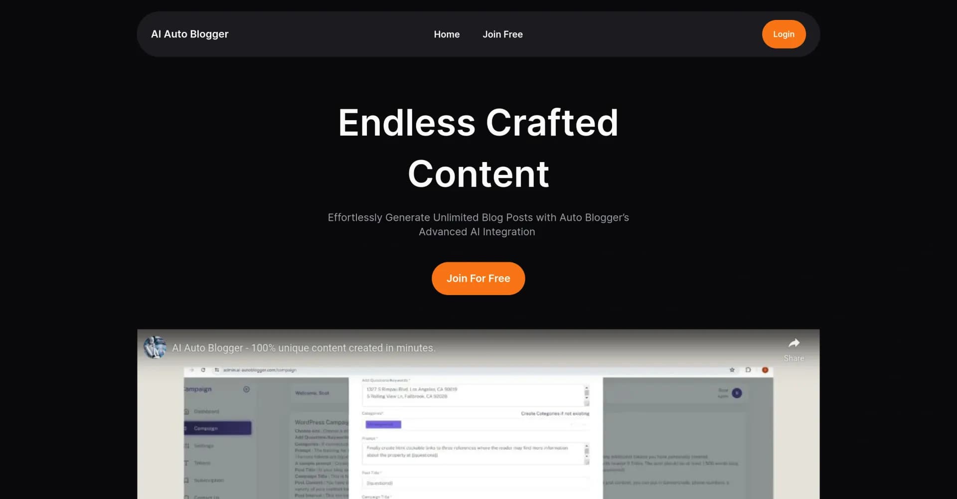 AI Auto Blogger homepage screenshot — Generate endless blog posts effortlessly with AI.