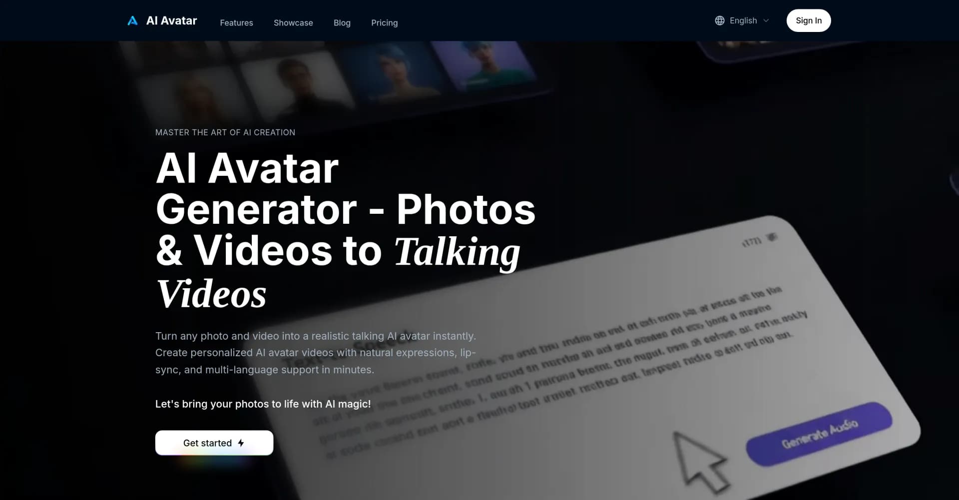 AI Avatar Art homepage screenshot — Turn photos into talking AI avatars instantly.