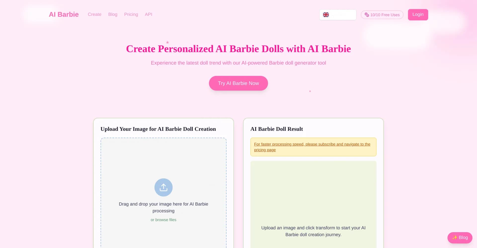 AI Barbie homepage screenshot — Transform photos into AI Barbie dolls