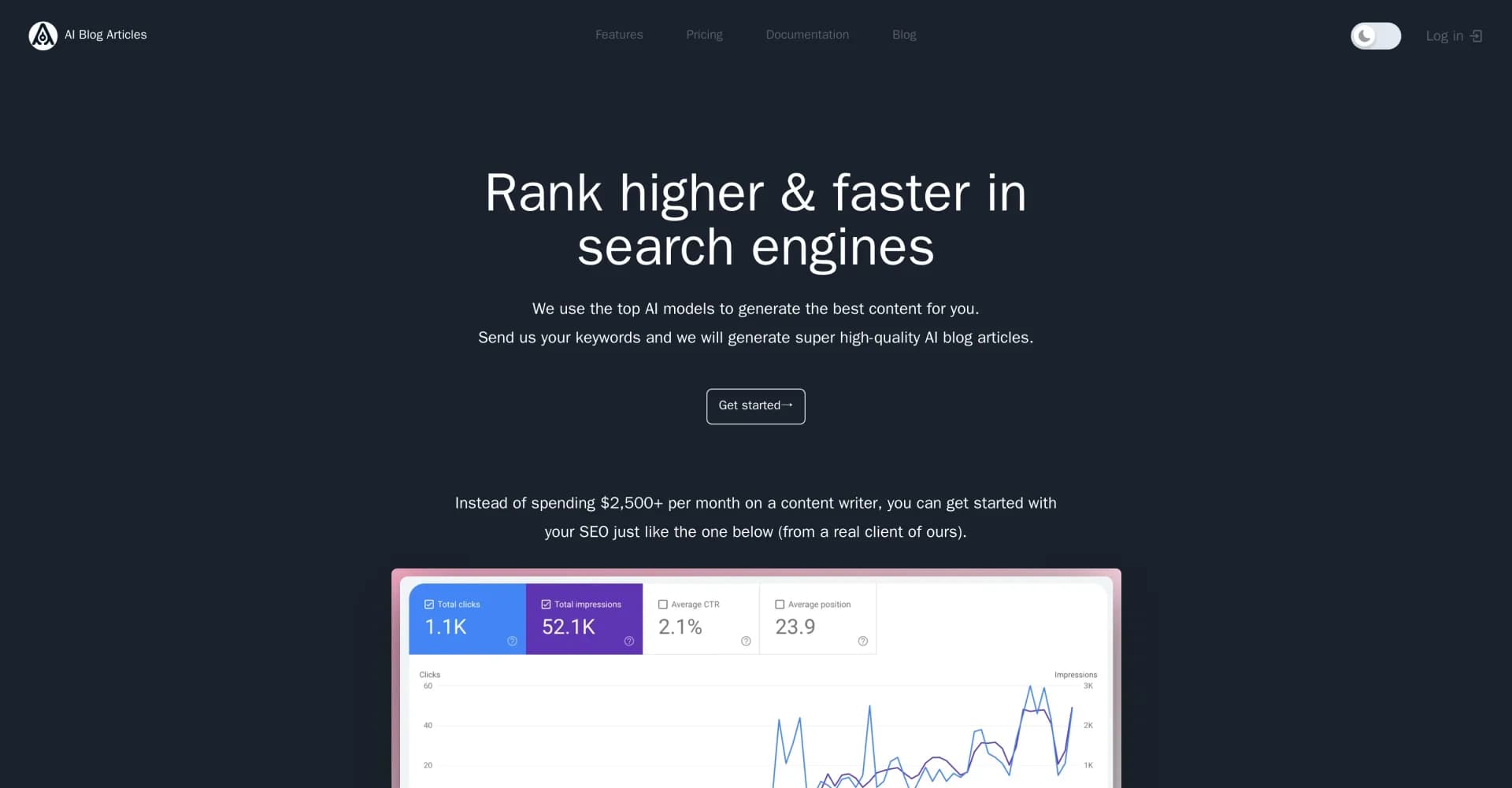AI Blog Articles homepage screenshot — Generate high-quality blog articles in minutes.