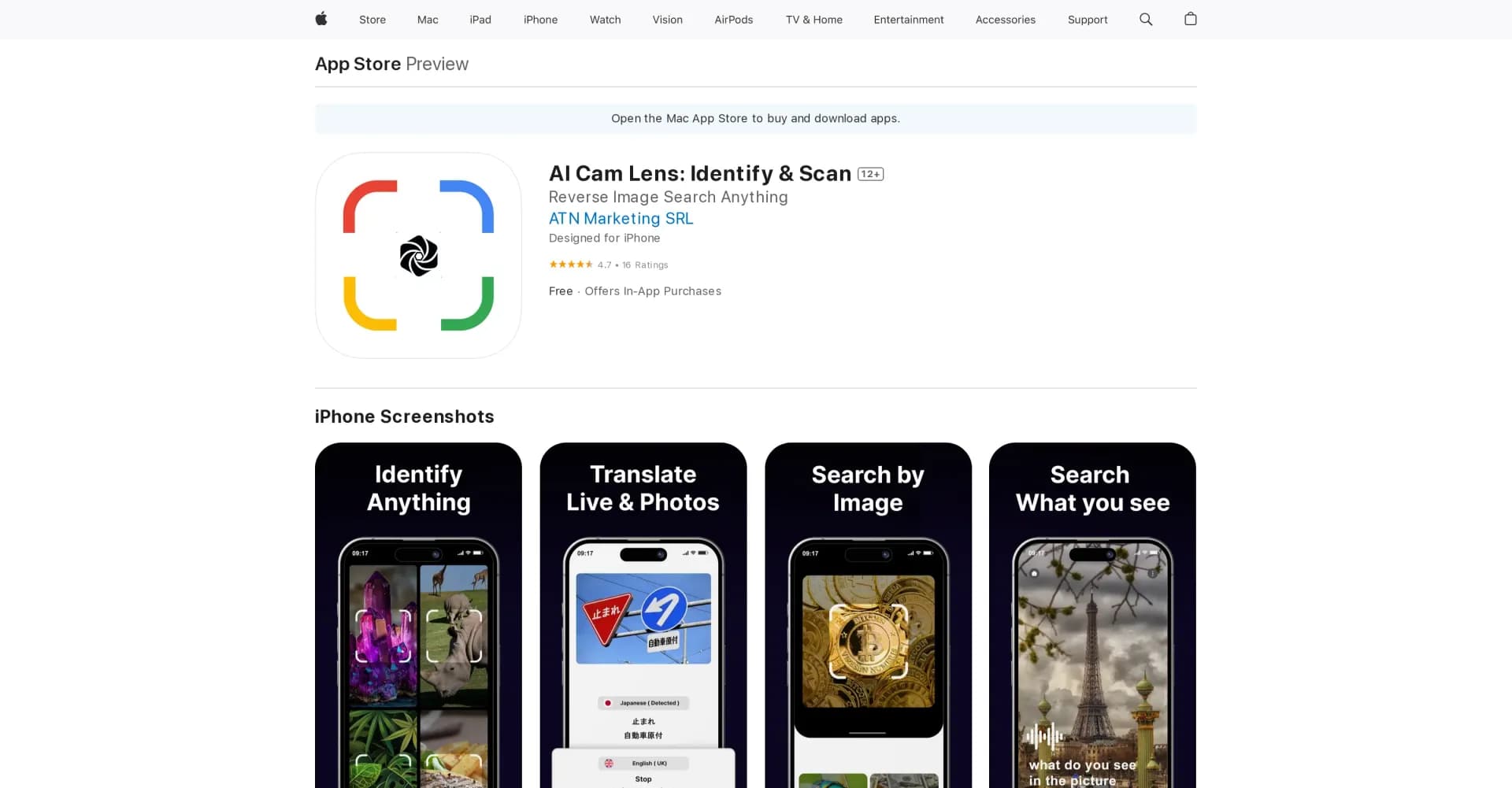 AI Cam Lens homepage screenshot — Instantly identify anything with your camera.