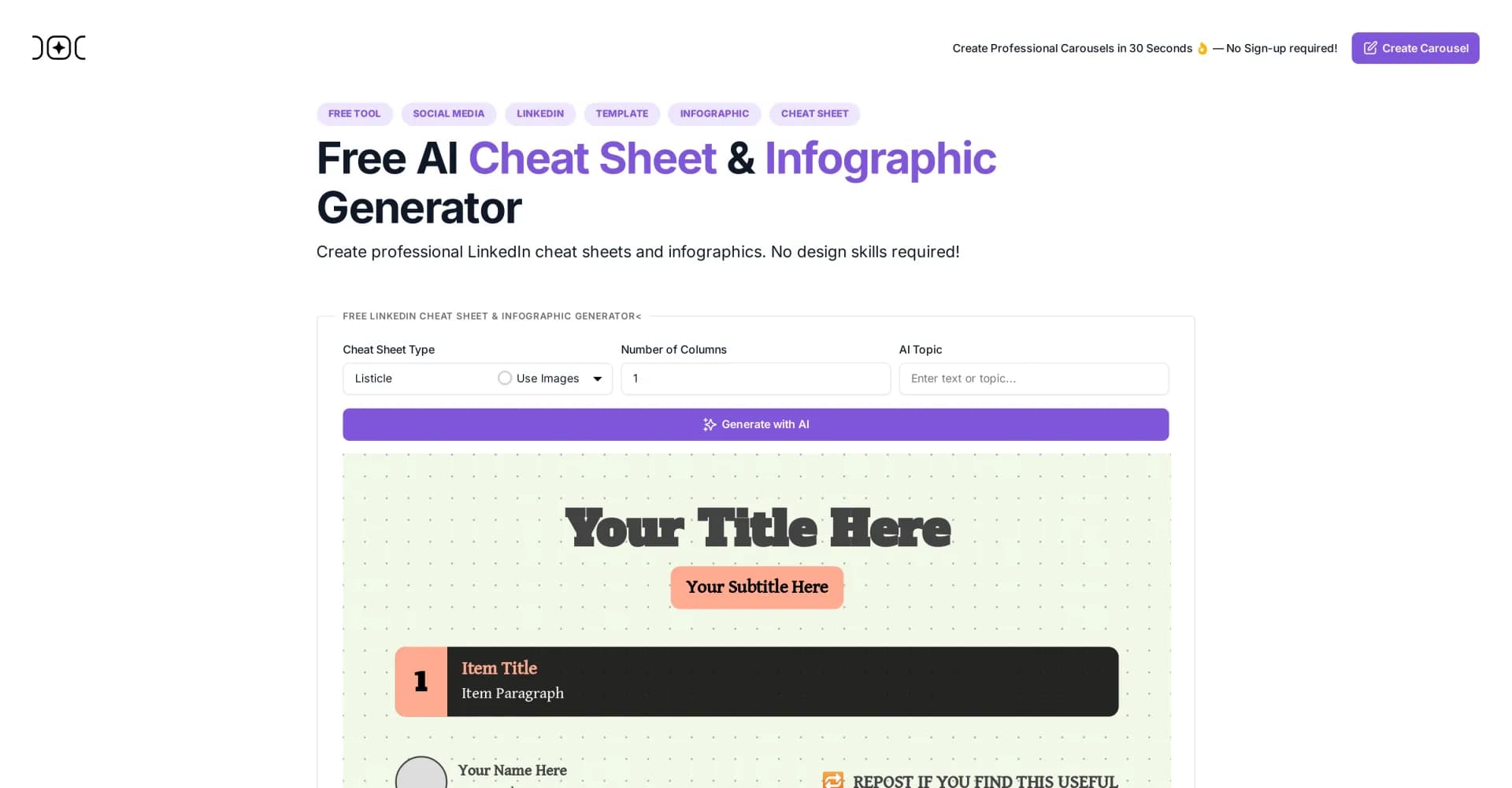 AI Carousels Cheat Sheets homepage screenshot — Create pro LinkedIn carousels in seconds, no design skills n