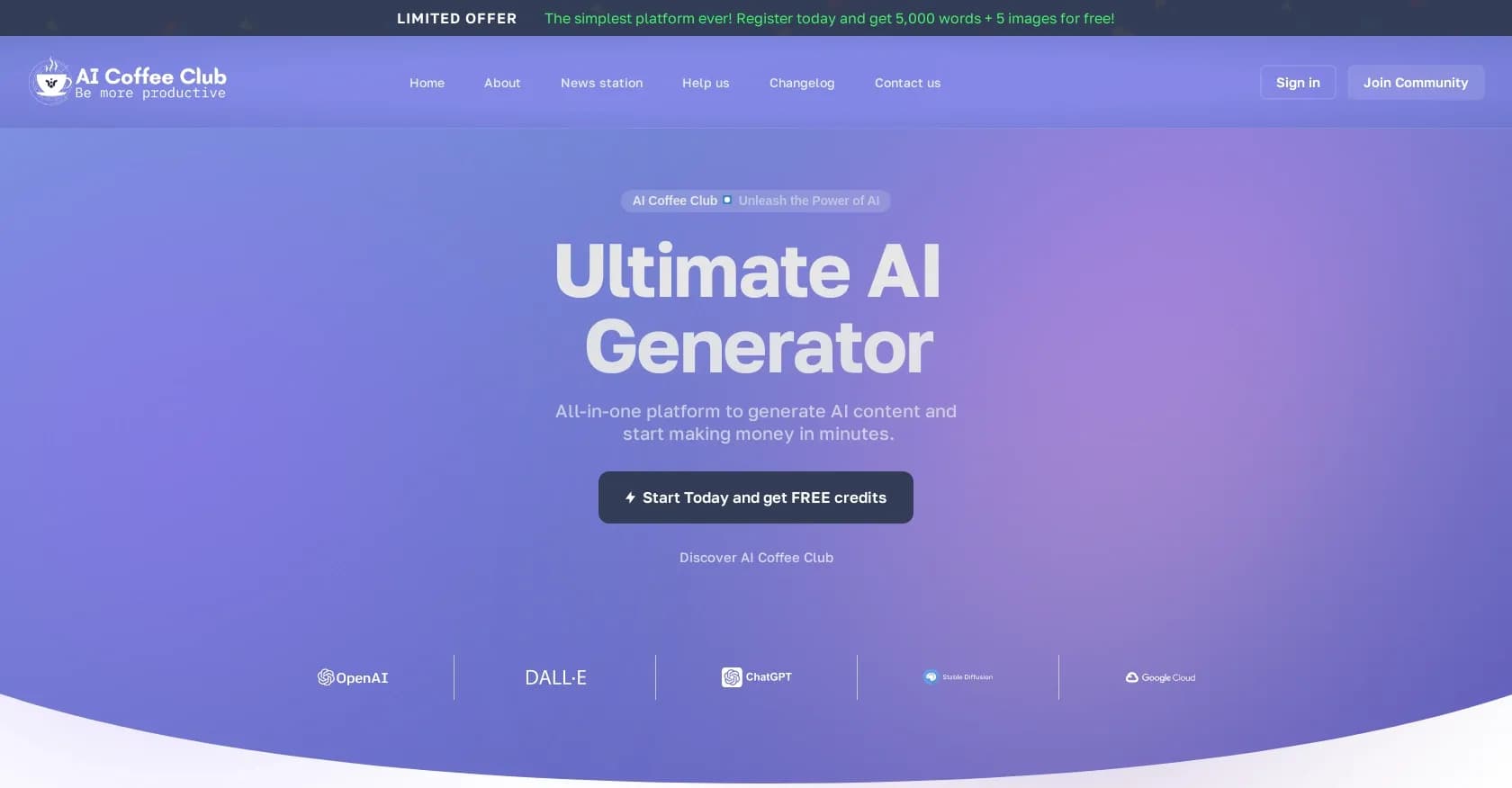 AI Coffee Club homepage screenshot — Generate AI content and monetize instantly.