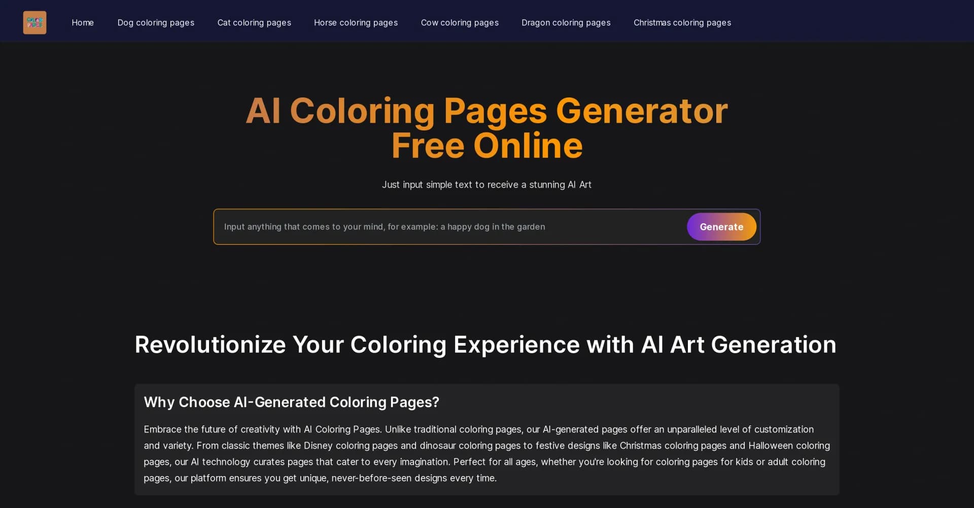 AI Coloring Pages homepage screenshot — Turn text into stunning AI-generated coloring pages.