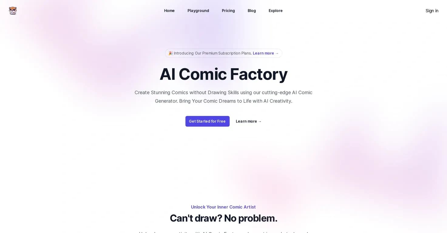 AI Comic Factory homepage screenshot — Create stunning comics with AI, no drawing skills needed