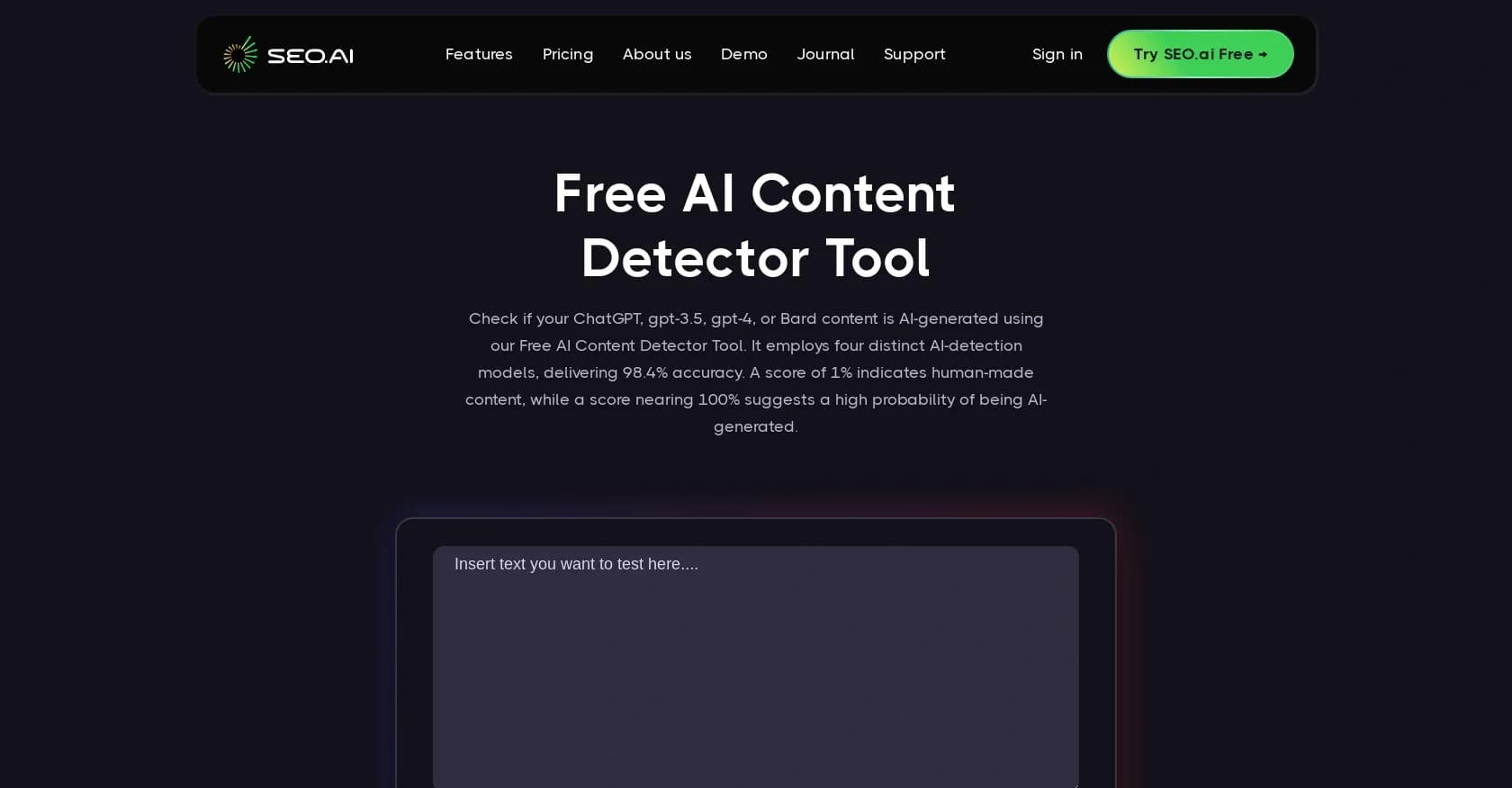 AI Content Detector homepage screenshot — Detect AI-generated content for free