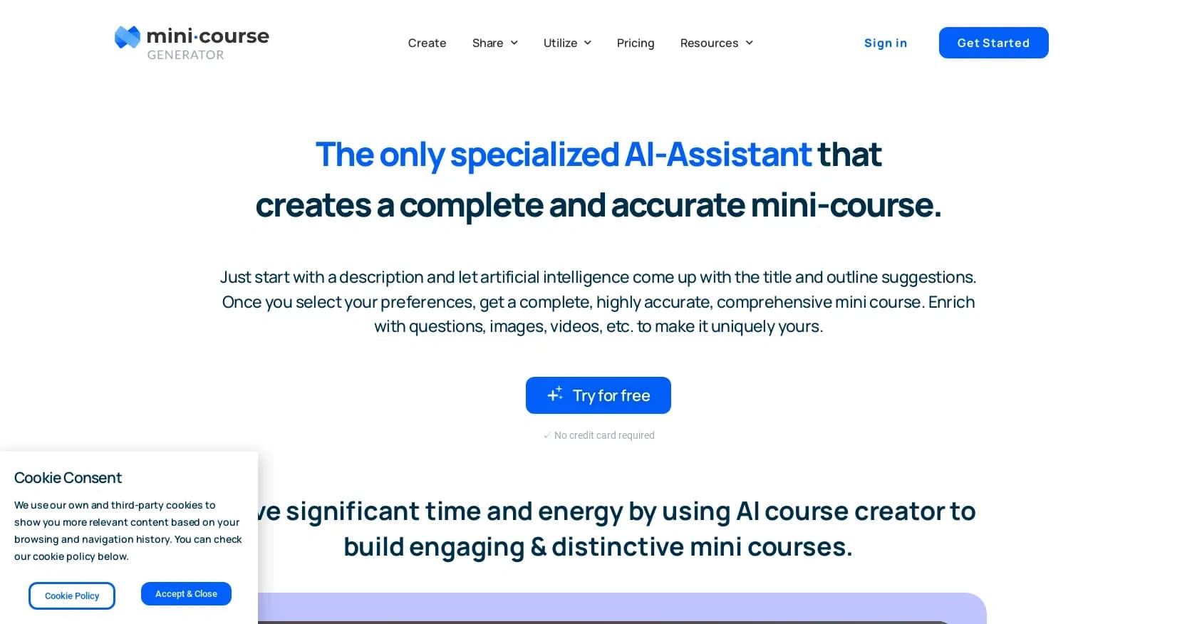 AI Course Creator homepage screenshot — AI-powered course creation in minutes.