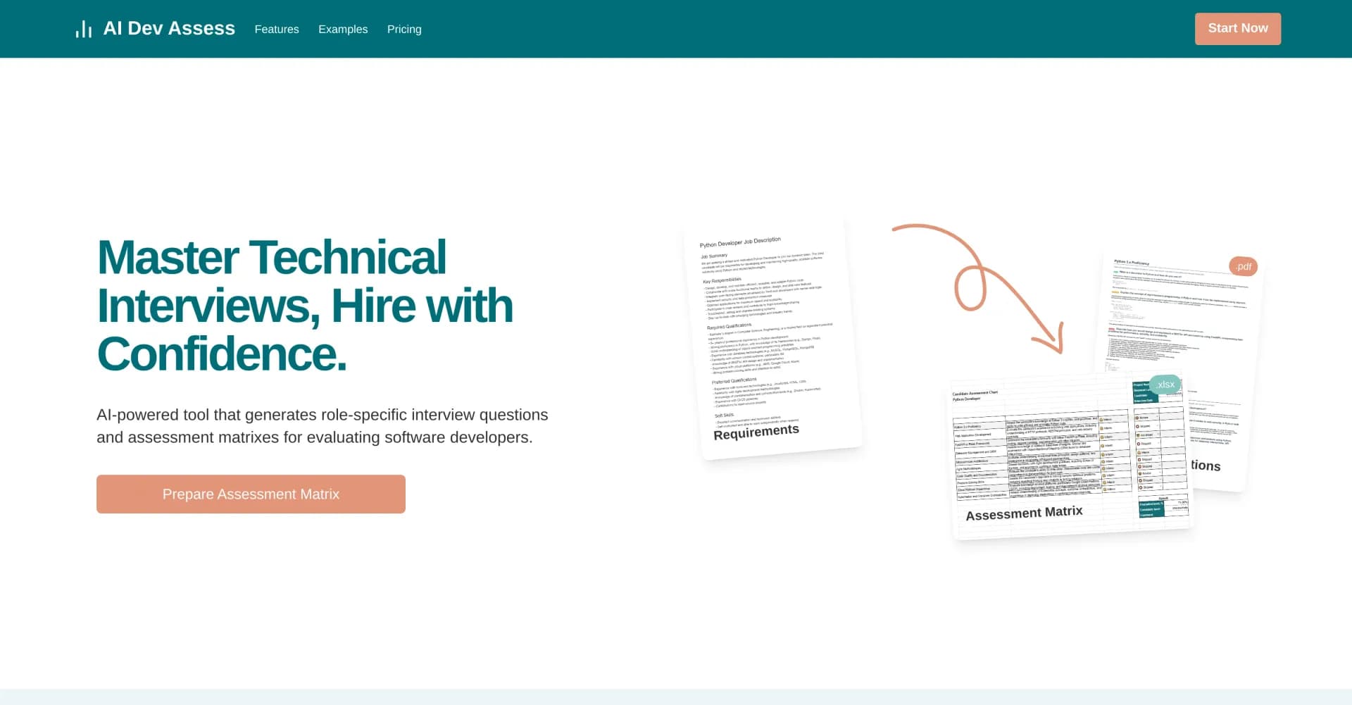 AI Dev Assess homepage screenshot — AI-powered tech interview toolkit generator.