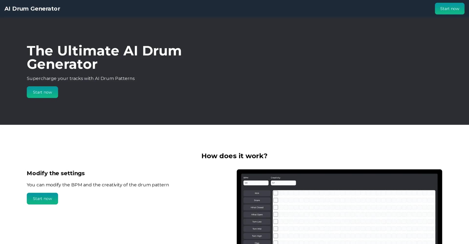 AI Drum Generator homepage screenshot — Supercharge tracks with AI-generated drum patterns.