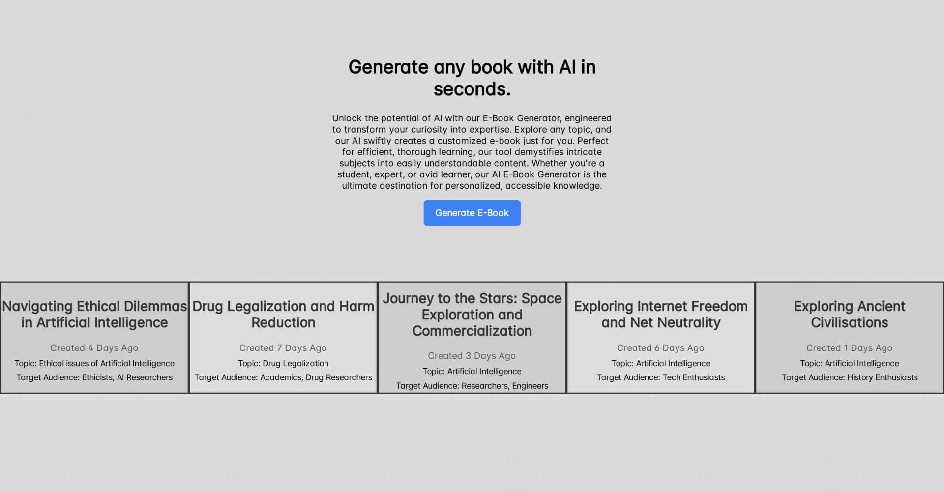 AI E-books homepage screenshot — Easily generate e-books using advanced GPT models.