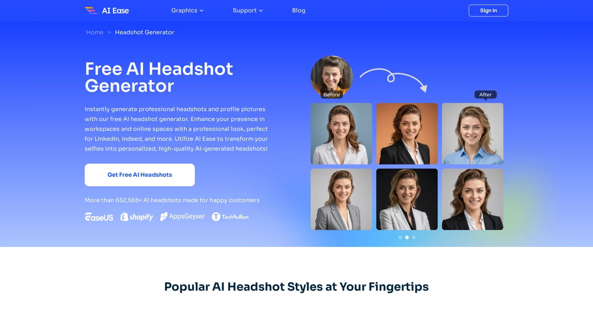 AI Ease: AI Headshot Generator homepage screenshot — Create professional AI headshots instantly for free