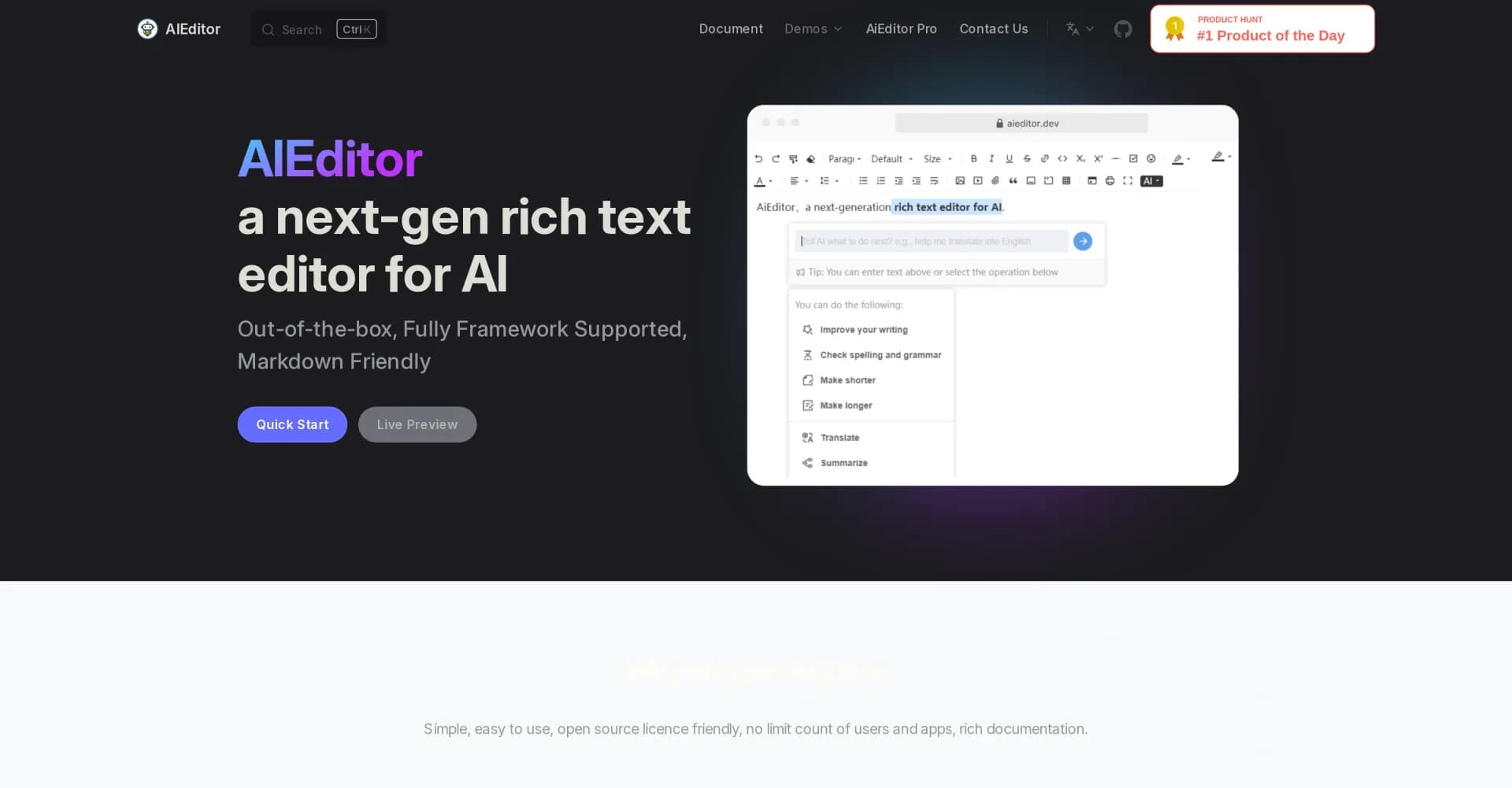 AI Editor homepage screenshot — AI-powered rich text editor for modern writing