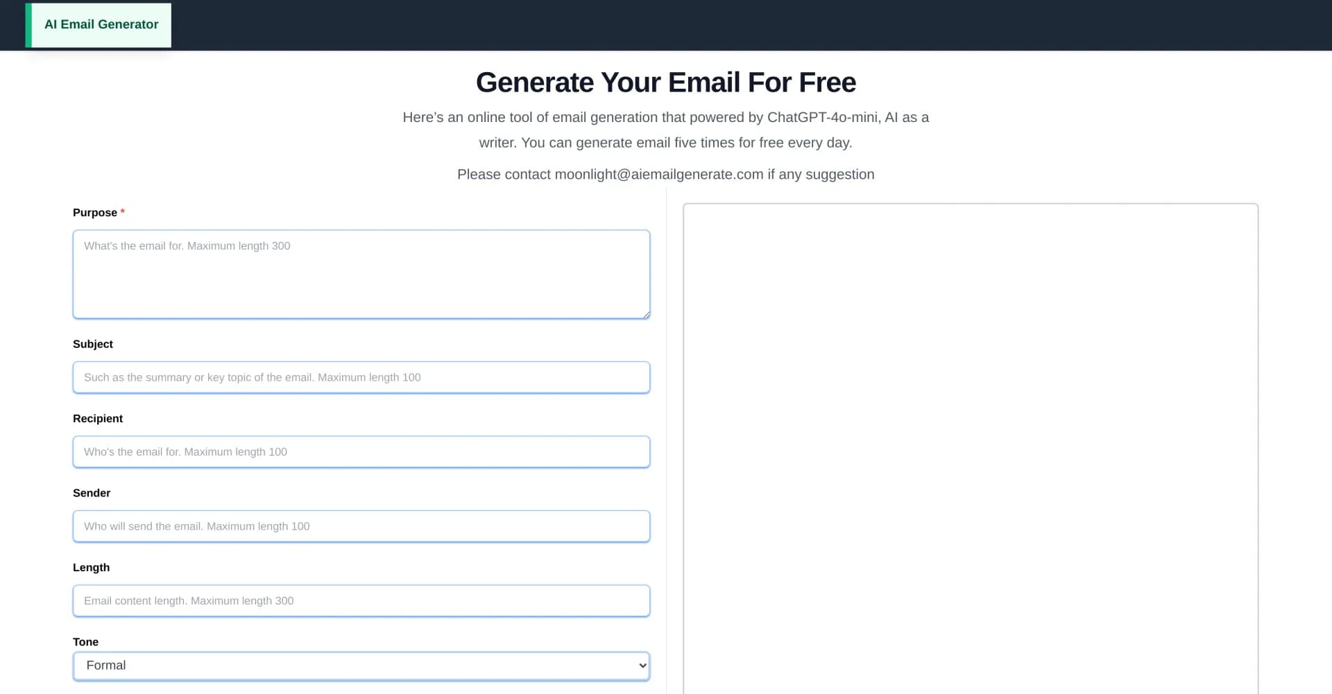 AI Email Generator homepage screenshot — Generate professional emails instantly with AI