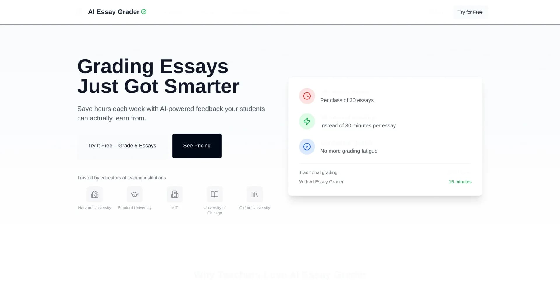 AI Essay Grader homepage screenshot — Grade essays instantly with AI