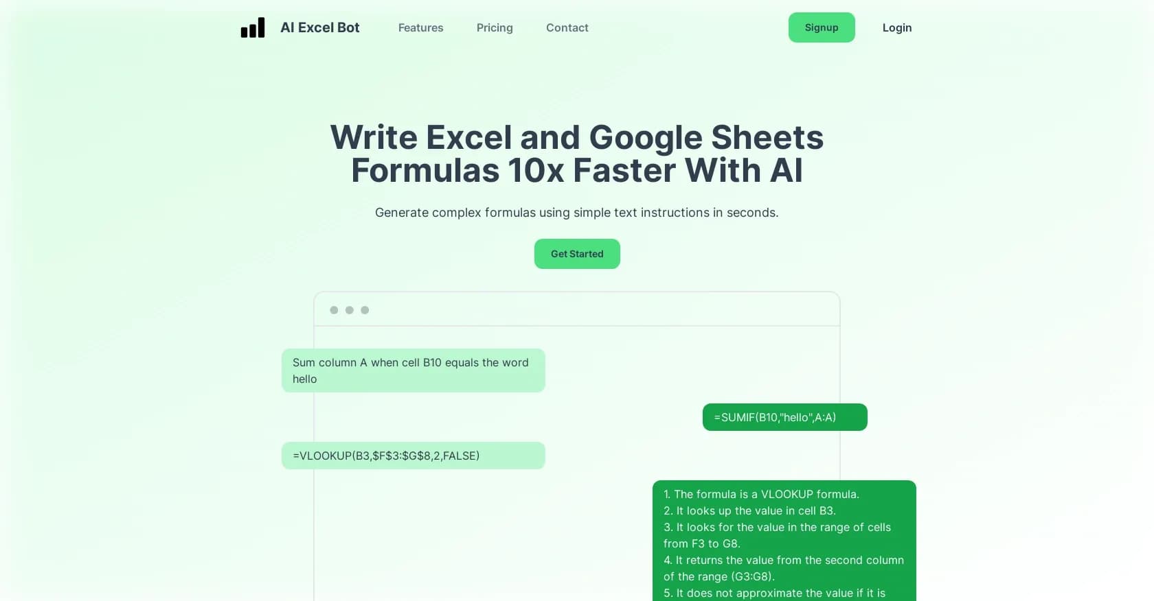 AI Excel Bot homepage screenshot — Generate Excel formulas instantly with AI