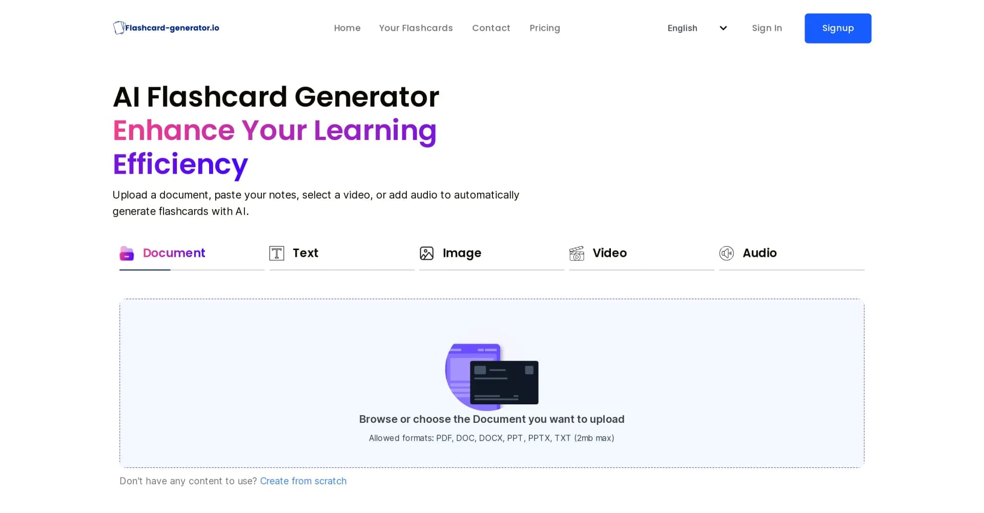 AI Flashcard Generator homepage screenshot — Transform study materials into flashcards instantly with AI