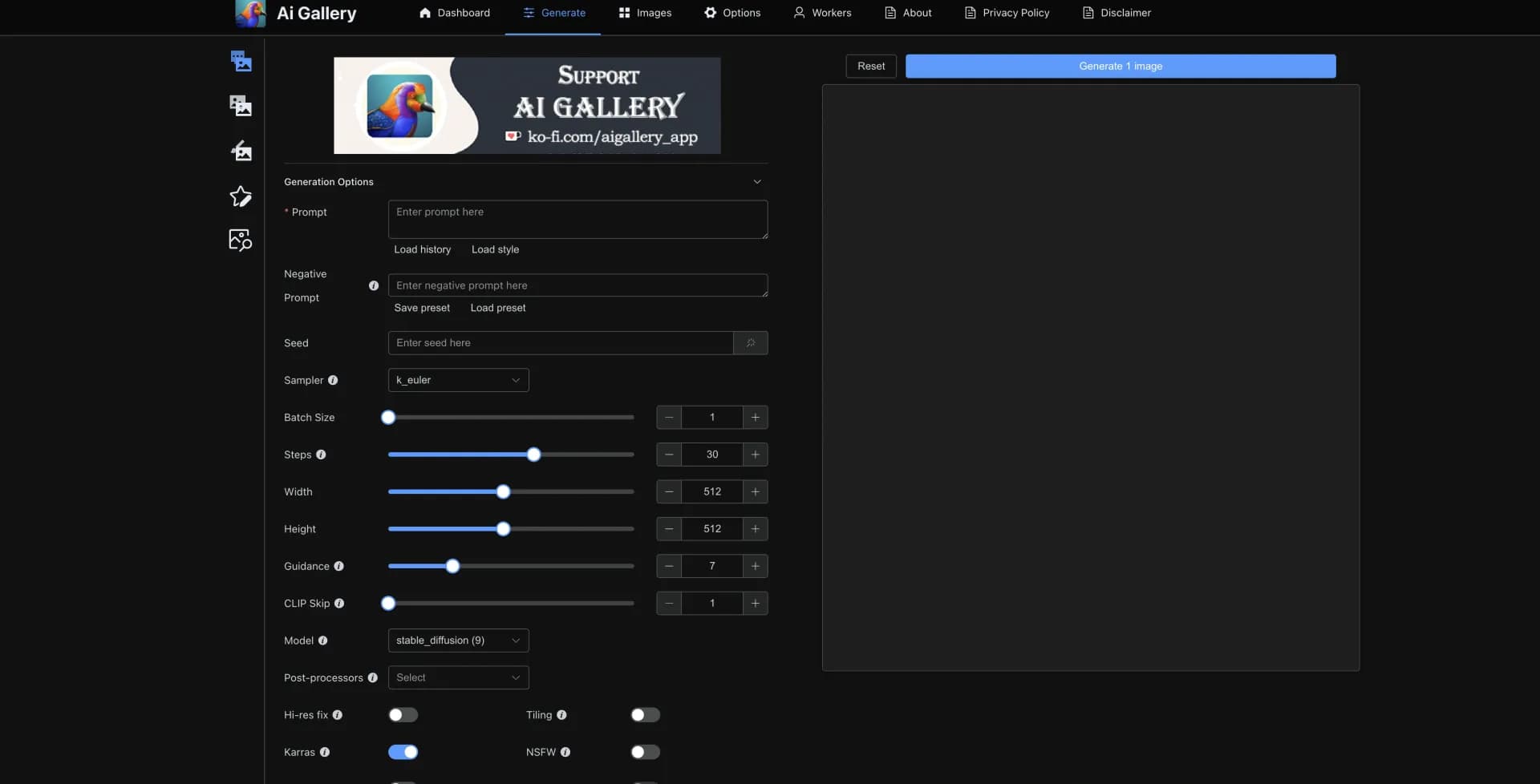AI Gallery homepage screenshot — Create mind-blowing art in seconds with AI.