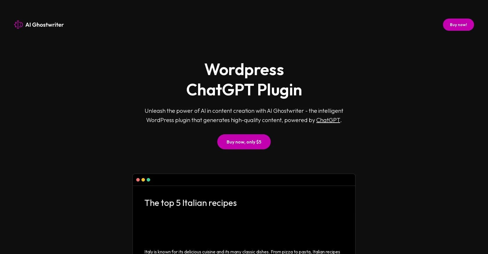 AI Ghostwriter homepage screenshot — AI-powered content creation for WordPress