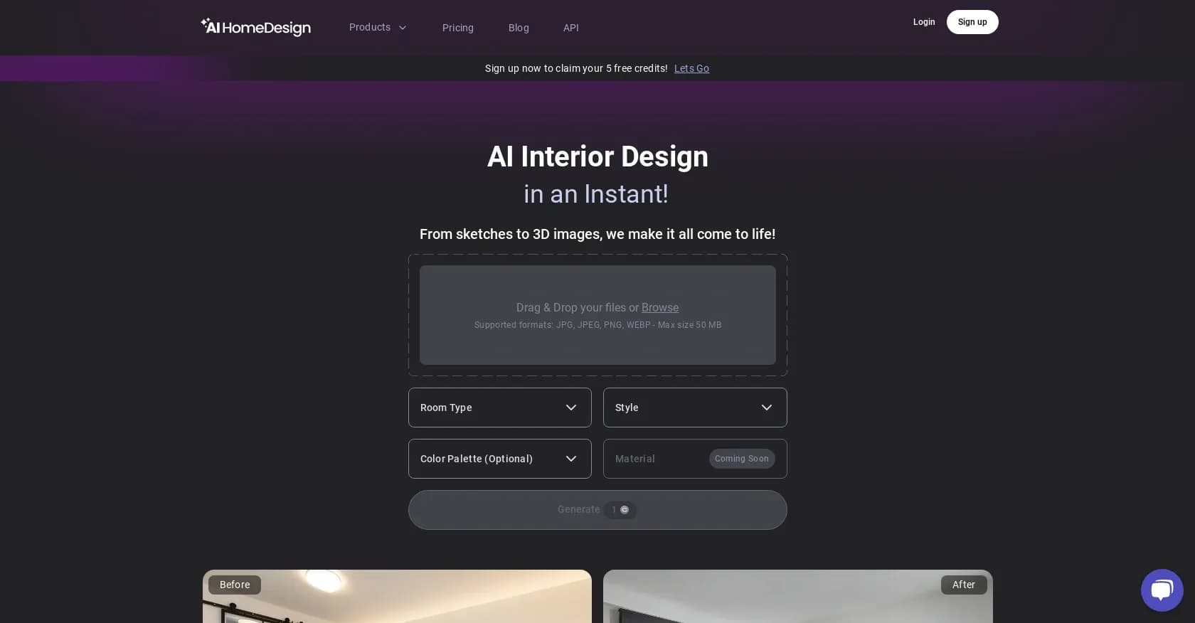 AI Home Design homepage screenshot — Dream Home Made Instant: AI Interior Design in 3 Clicks