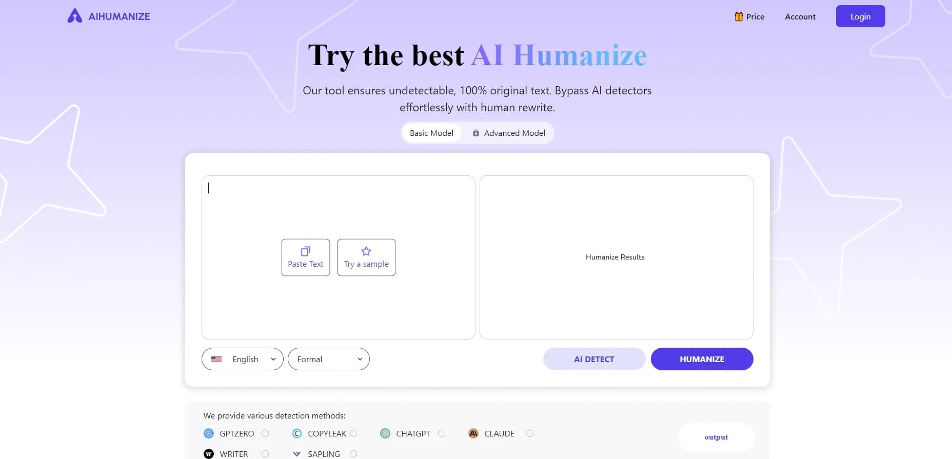 AI Humanize homepage screenshot — Humanize AI text to bypass detection