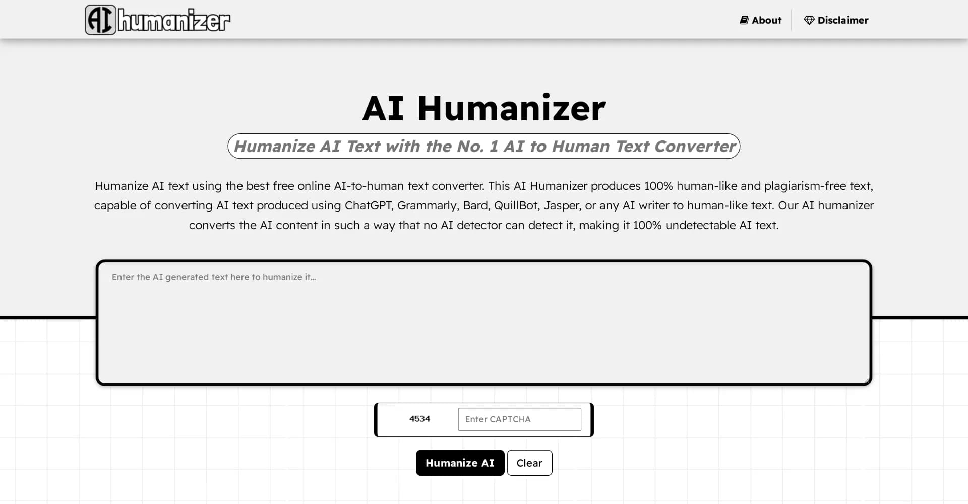 AI Humanizer homepage screenshot — Transform AI text into human-like, plagiarism-free content.