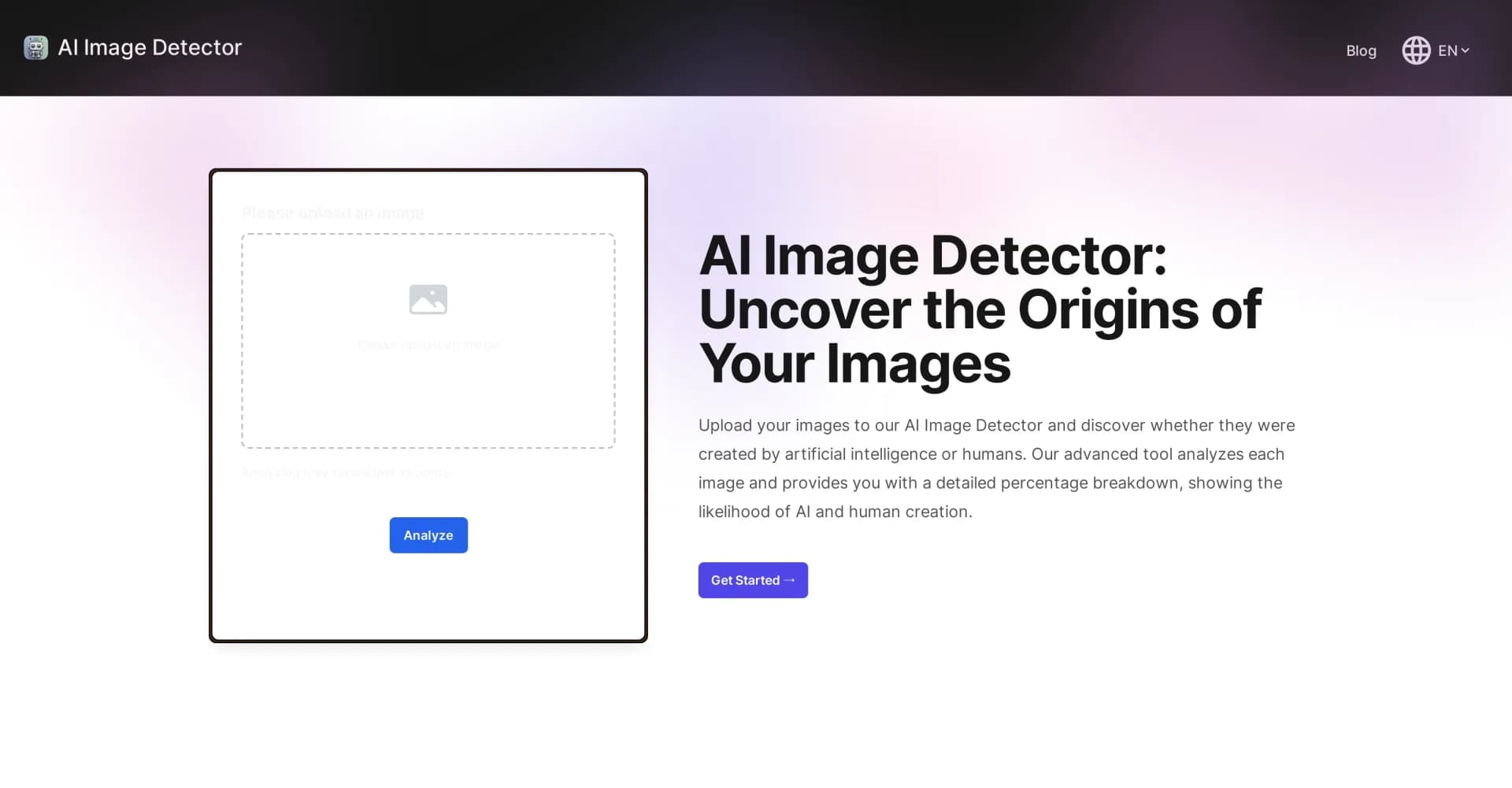AI Image Detector homepage screenshot — Instantly detect AI-generated images