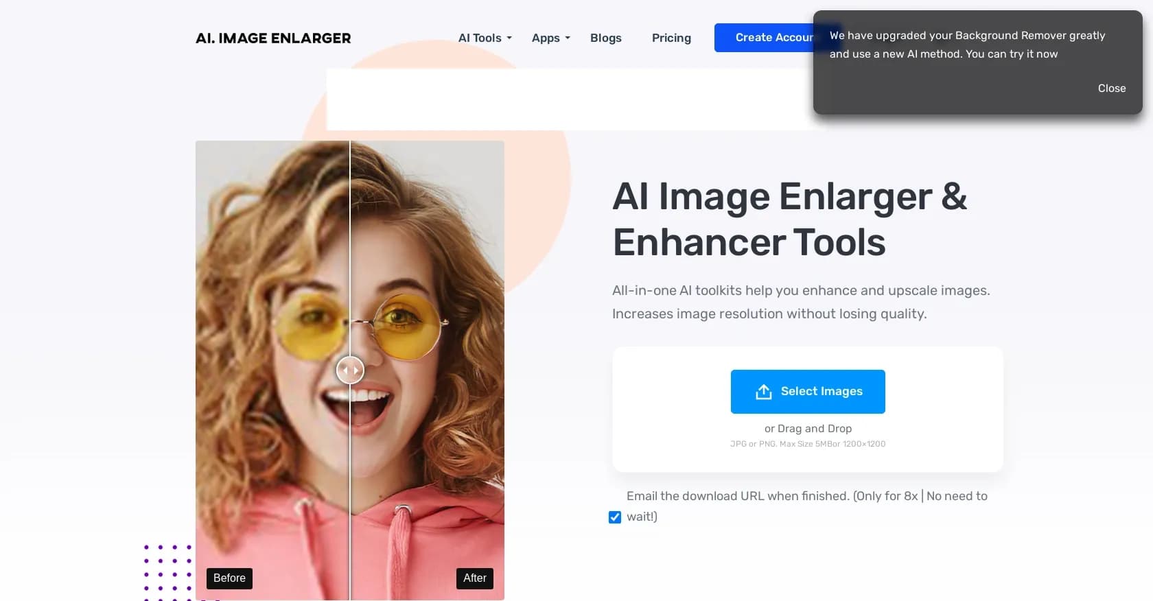 AI Image Enlarger homepage screenshot — Enlarge images without losing quality.
