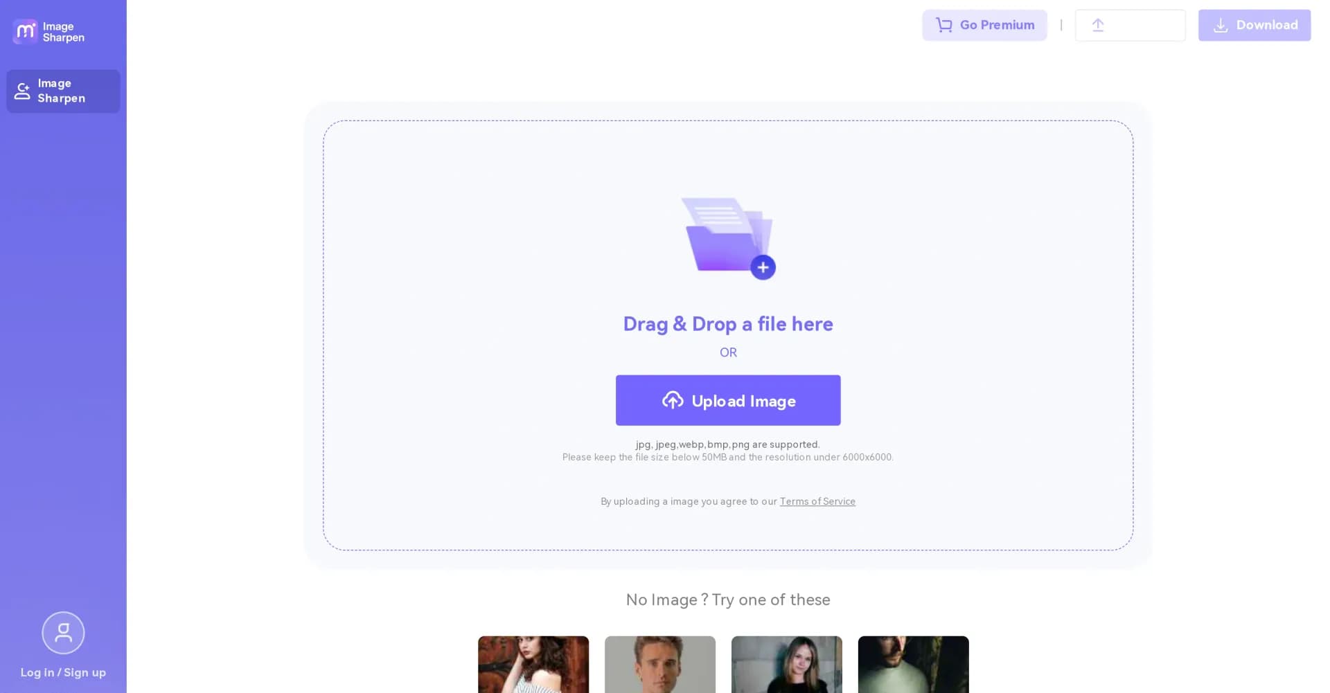 AI Image Sharpener by Media.io homepage screenshot — Revive blurry portraits with AI-powered clarity.