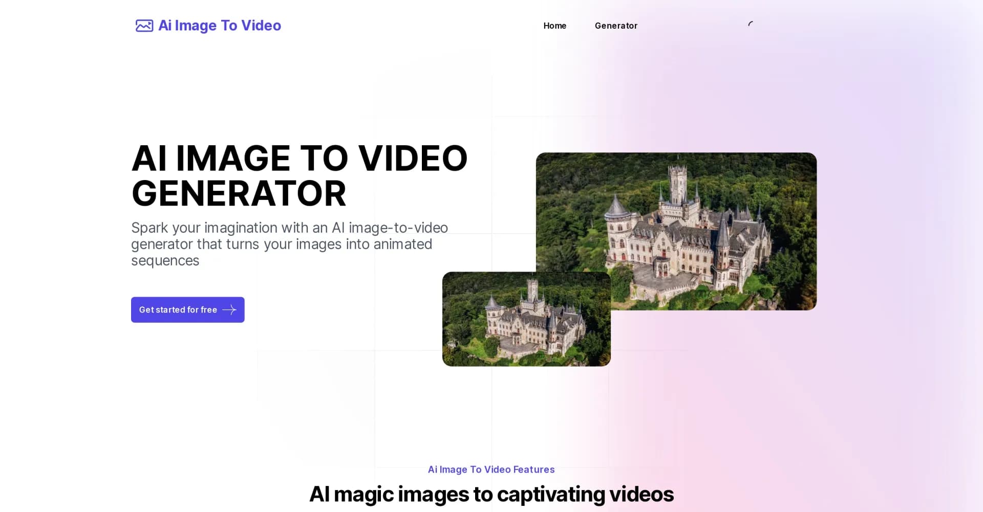 AI Image To Video Generator homepage screenshot — Transform images into stunning, moving videos.