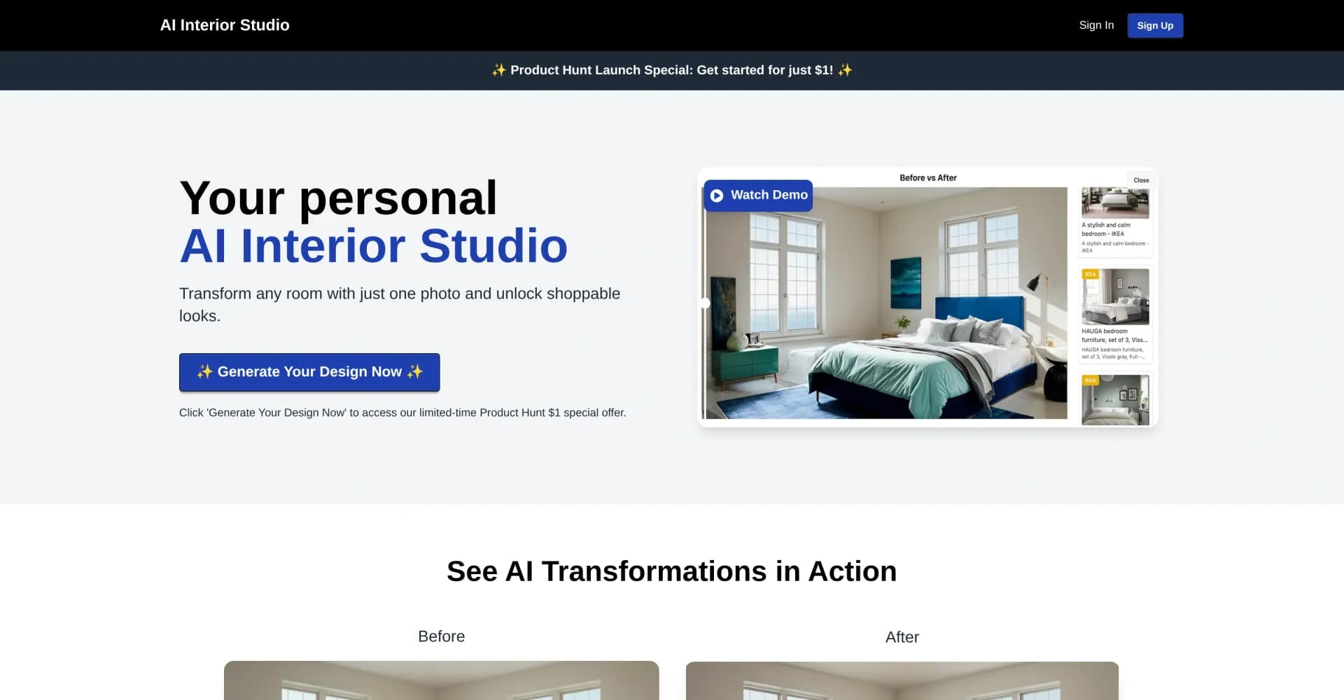 AI Interior Studio homepage screenshot — Transform rooms with AI and shop the look instantly.