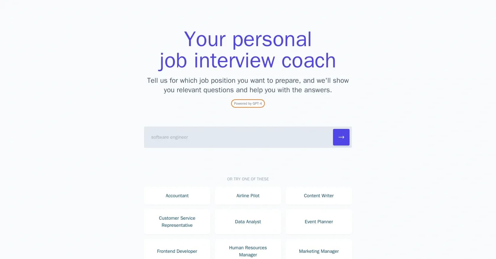 AI Interview Coach homepage screenshot — Your AI-powered personal job interview coach