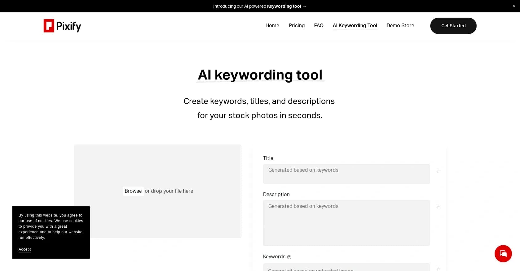 AI Keywording Tool homepage screenshot — AI-powered keywording for stock photographers